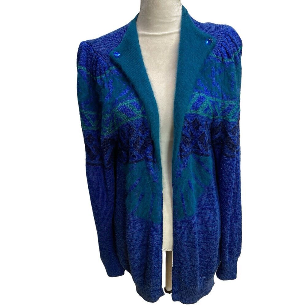 Vintage Cardigan Open Front Wool Blue Green Aztec Size 42 fits Large Womans‎
